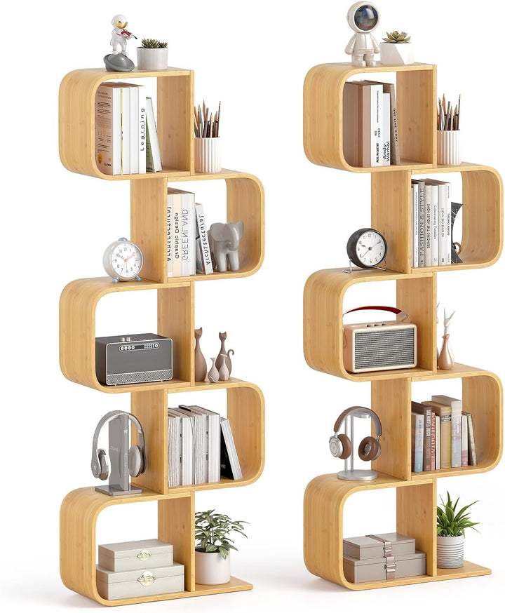 Giantex 5-Tier S-Shaped Bookcase Bamboo Bookshelf with Open Cubes
