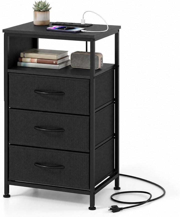 GIANTEX 27.5" Nightstand with Charging Station &amp; 3 Fabric Drawer (1/2)