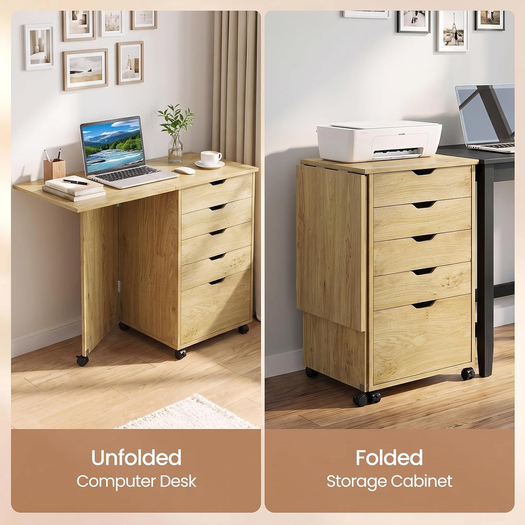GIANTEX 5-Drawer Wood Drawer Cabinet Folding Desk with Wheels
