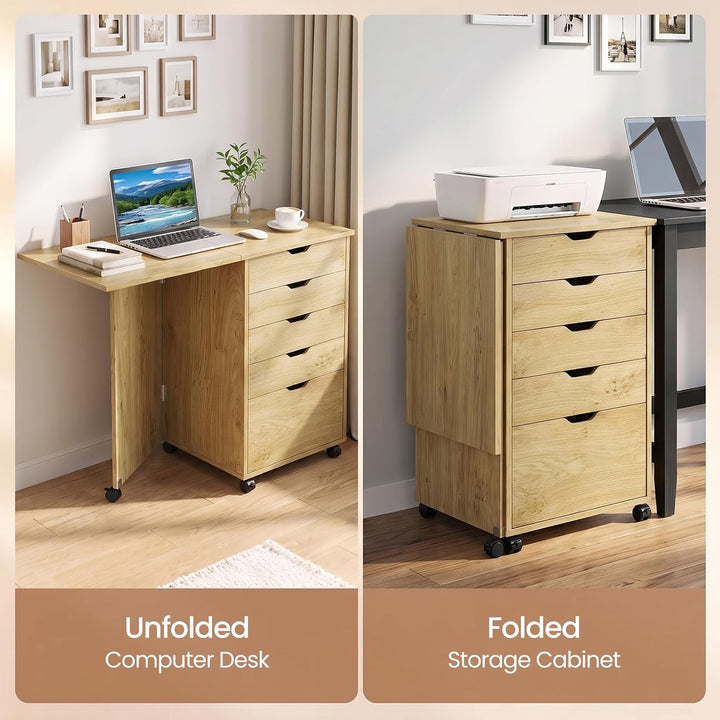 GIANTEX 5-Drawer Wood Drawer Cabinet Folding Desk with Wheels