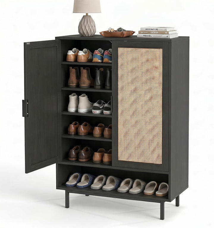 Giantex 6-Tier Shoe Cabinet, 43" Tall Hidden Shoe Storage w/Doors | Freestanding Wooden Shoe Storage Cabinet with Adjustable Shelves &amp; Open Compartment for Hallway Entryway Living Room &amp; Closet