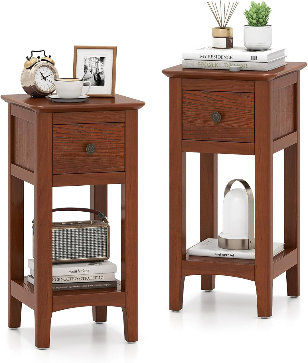 Giantex Narrow End Table with Drawer 23.5" H Side Table w/Open Storage Shelf & Solid Wood Frame