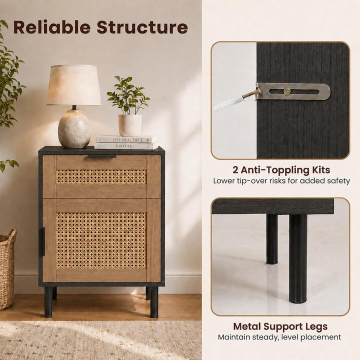 GIANTEX Rattan Nightstand with Drawer &amp; Cabinet, End Table