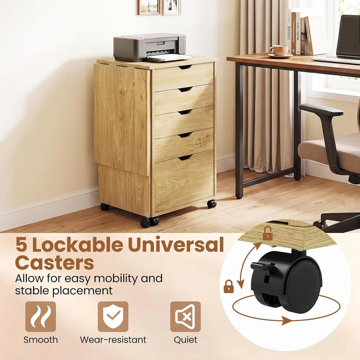 GIANTEX 5-Drawer Wood Drawer Cabinet Folding Desk with Wheels