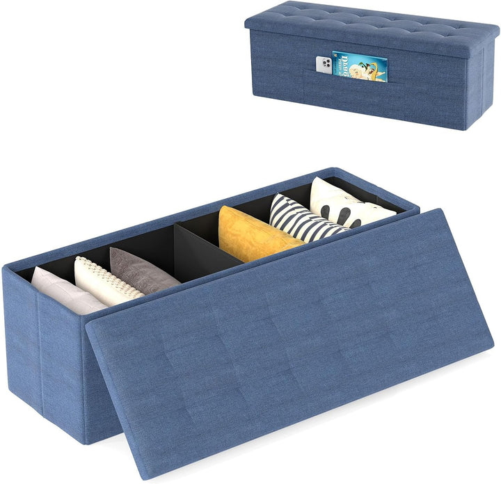 Giantex 43 Inches Folding Storage Ottoman Bench Upholstered Storage Chest with Side Pocket