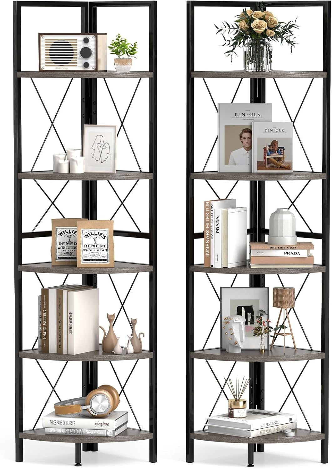 Giantex 5-Tier Corner Shelf, 63" Tall Corner Bookshelf, Freestanding Storage Rack w/Metal Frame