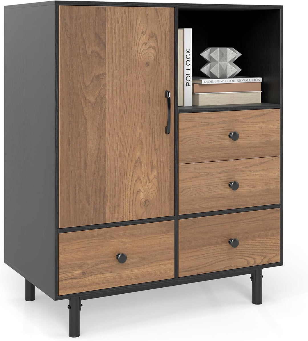 Giantex Storage Cabinet with 4 Drawers Door & Open Compartment, Metal Support Legs