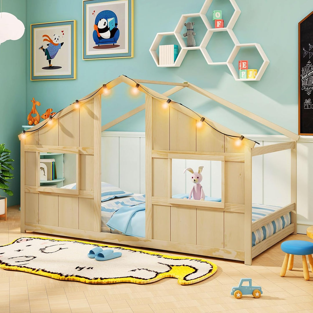 Giantex Twin Kids House Bed with Light Bulbs Wooden Montessori Floor Bed Frame with Roof & Windows