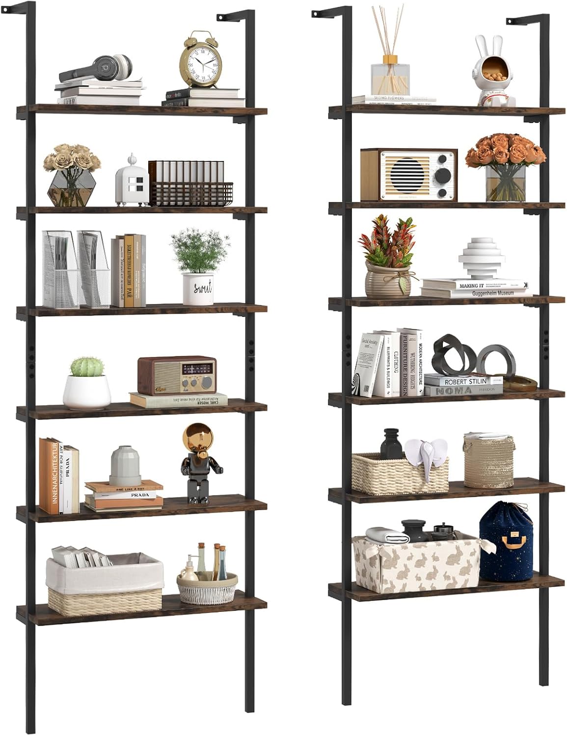 Giantex 6-Tier Ladder Shelf, 72" Wall Mounted Bookshelf with Metal Frame, Industrial Open Storage Shelves