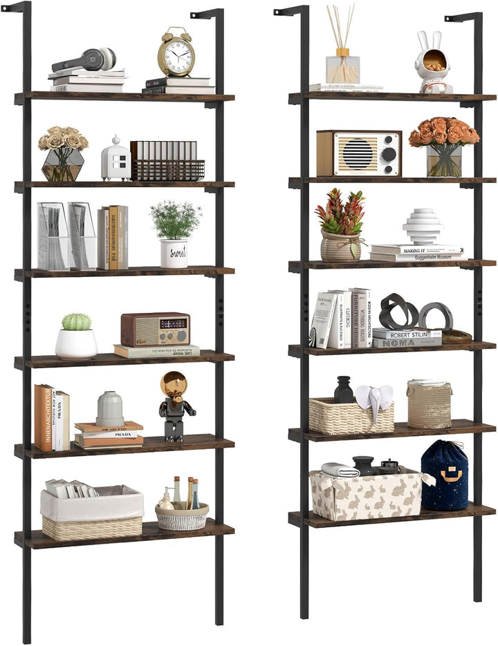 Giantex 6-Tier Ladder Shelf, 72" Wall Mounted Bookshelf with Metal Frame, Industrial Open Storage Shelves