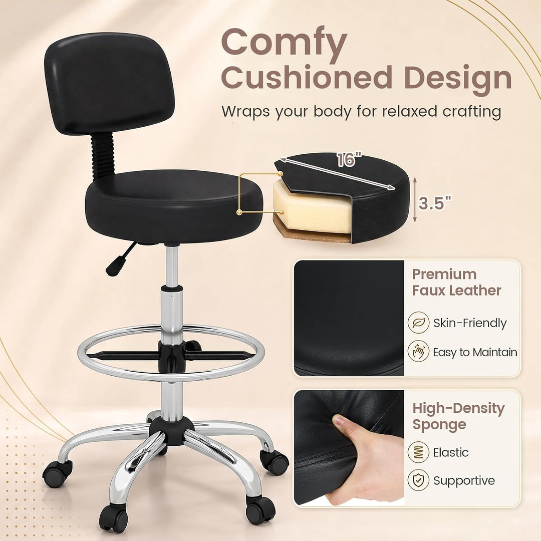 GIANTEX Drafting Chair with Back, Adjustable Foot Rolling Stool with Wheels | PVC Leather Tall Office Chair w/ Thickened Cushion