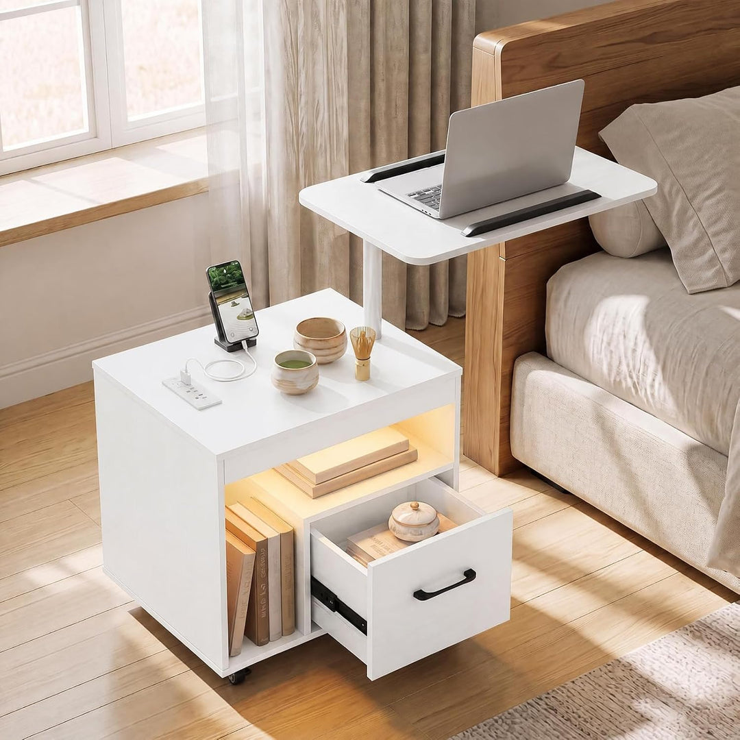 GIANTEX LED Nightstand with Charging Station, Rolling Bedside Table