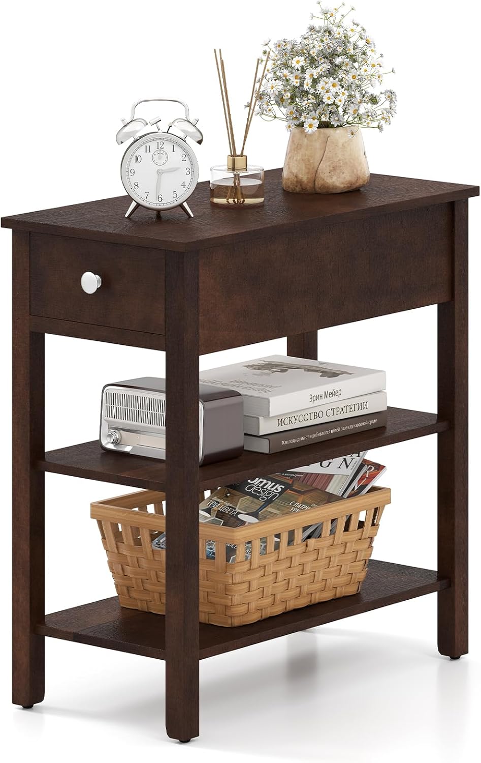 Ginatex Narrow Side Table Small End Tables with Drawer & Open Storage Shelves