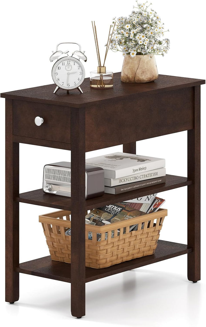 Ginatex Narrow Side Table Small End Tables with Drawer & Open Storage Shelves