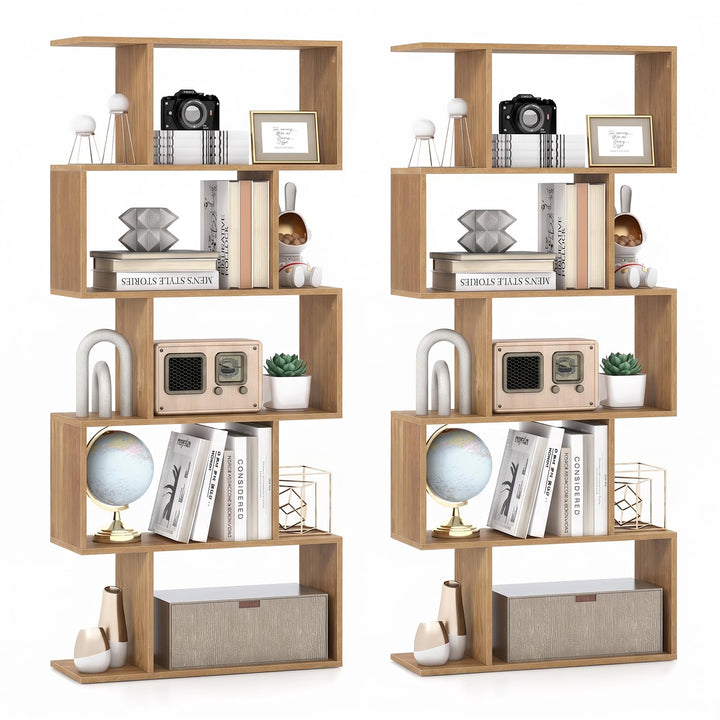 Giantex 5-Tier Geometric Bookshelf, 62.5" Tall Wood S-Shaped Bookcase with Anti-Tipping Device