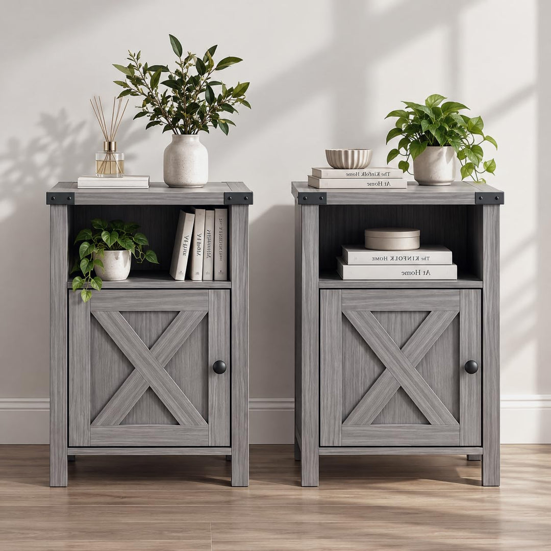 GIANTEX 16" Small Farmhouse Nightstand with Barn Door &amp; Storage Cabinet (1/2)