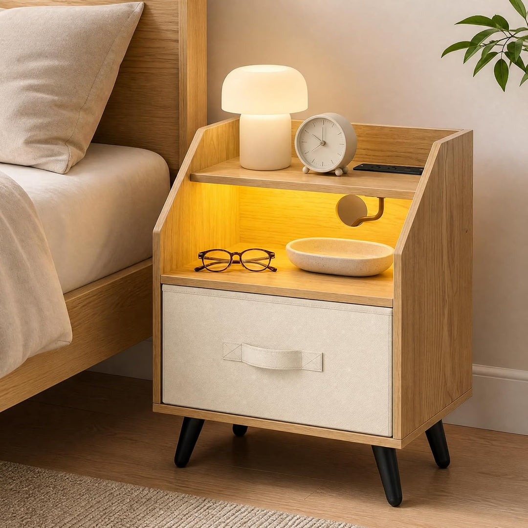 GIANTEX Modern LED Nightstand w/Charging Station &amp; Fabric Drawer