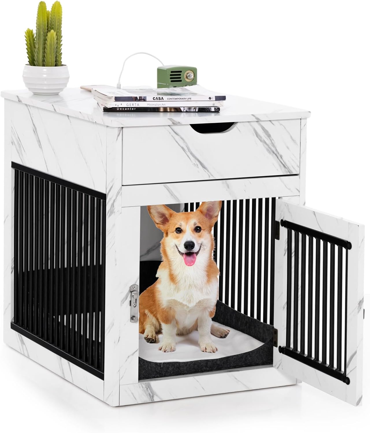 Giantex Dog Crate Furniture, Dog Kennel End Table with Chew-Proof Metal Fence, Lockable Door