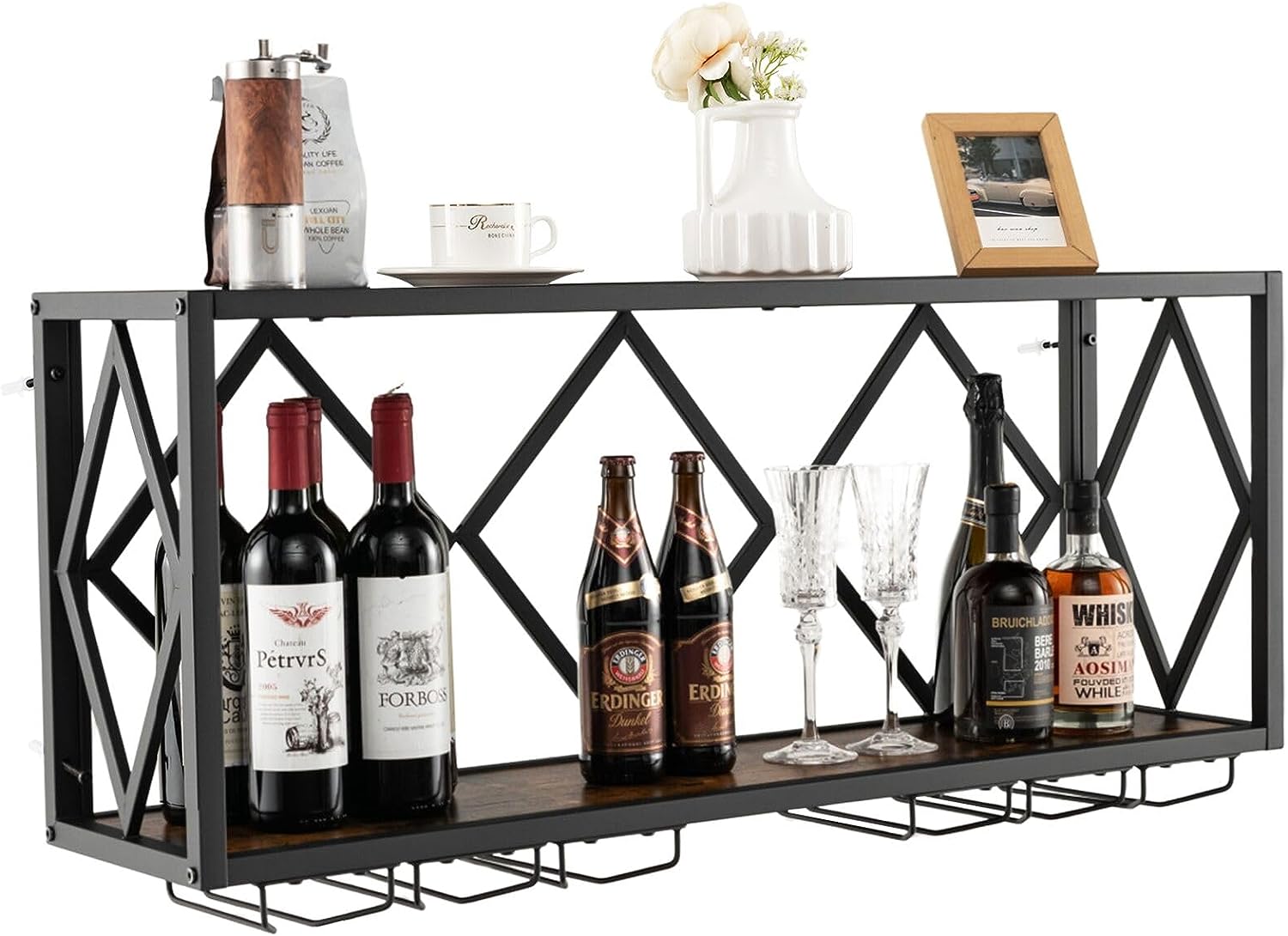 Giantex Wall Mounted Wine Rack, Wine Display Shelf w/Wine Bottle Rack & 6 Rows of Stemware Holder