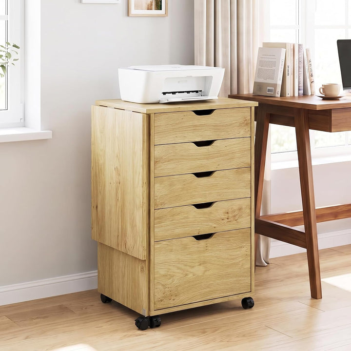 GIANTEX 5-Drawer Wood Drawer Cabinet Folding Desk with Wheels