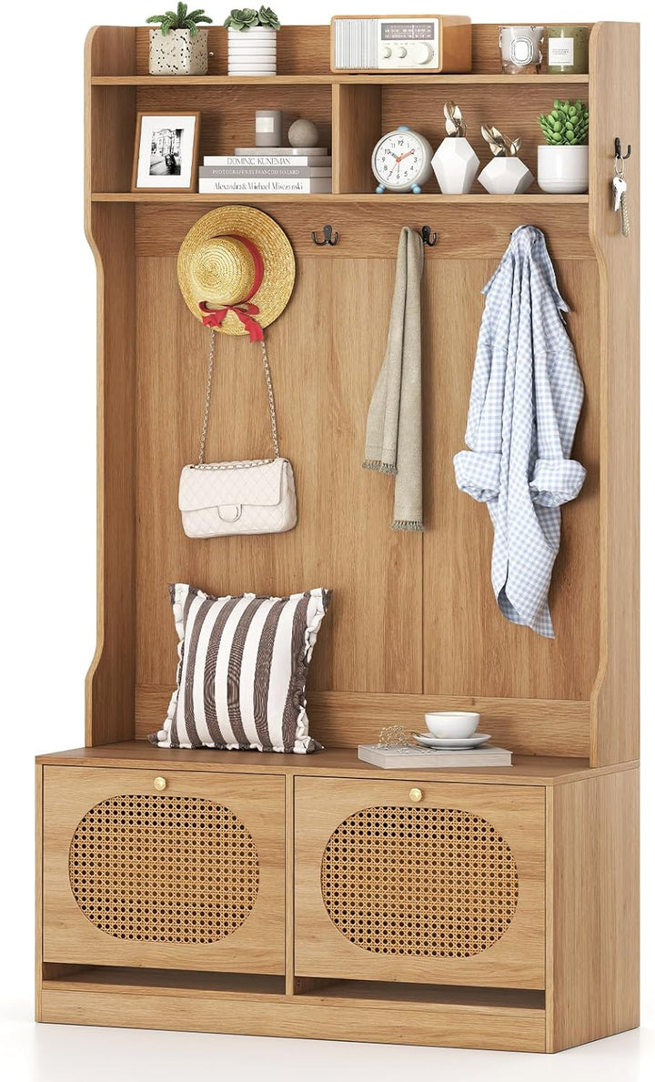 Giantex 4-In-1 Hall Tree Entryway Bench with Coat Rack & Flip Drawers