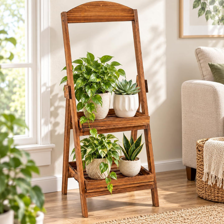 GIANTEX 2-Tier Ladder Plant Stand, Fir Wood Flower Pot Shelf, Rustic Brown