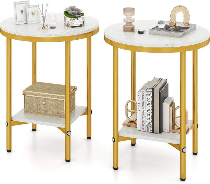 Giantex Round Side Table 2-Tier Faux Marble Sofa Side Coffee Table w/Gold Frame & Open Shelf