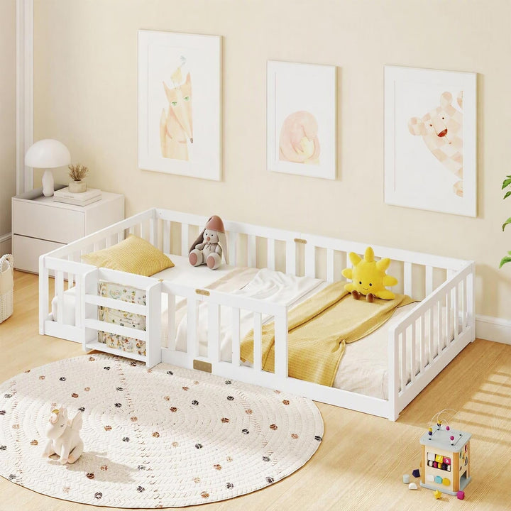 GIANTEX Twin Solid Wood Floor Bed for Kids | Montessori Bed with Bedside Bookshelf