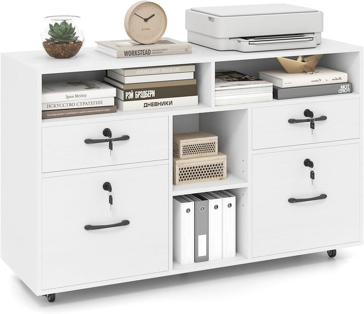 Giantex 4-Drawer Lateral File Cabinet with Lock & 5 Rolling Wheels (2 Lockable)