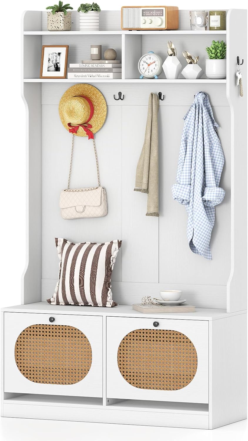 Giantex 4-In-1 Hall Tree Entryway Bench with Coat Rack & Flip Drawers