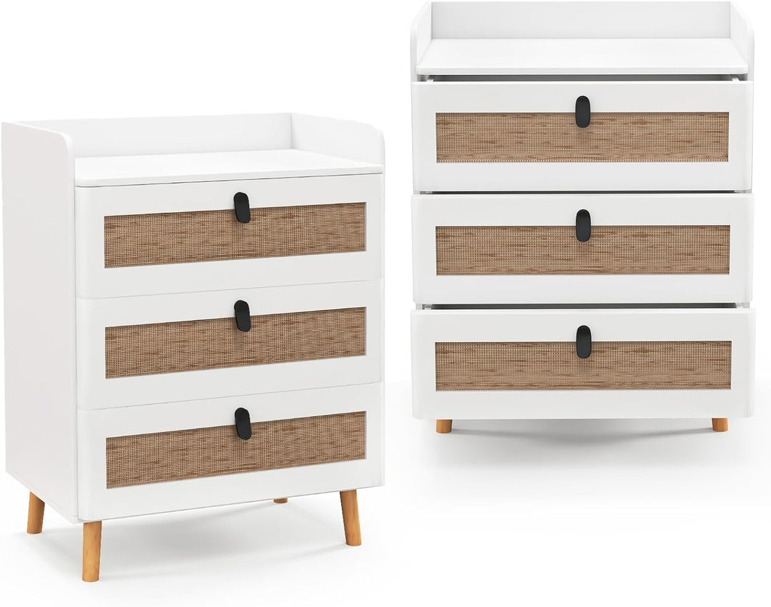Giantex Rattan Nightstand, Boho 3-Drawer Dresser with 4 Solid Wood Legs