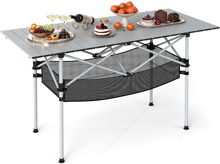 Giantex Folding Camping Table Portable Picnic Table w/Aluminum Roll-up Tabletop & Mesh Basket