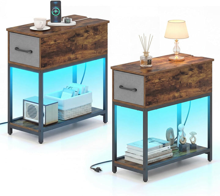 Giantex Narrow Side Table with Charging Station and LED Lights Industrial End Table