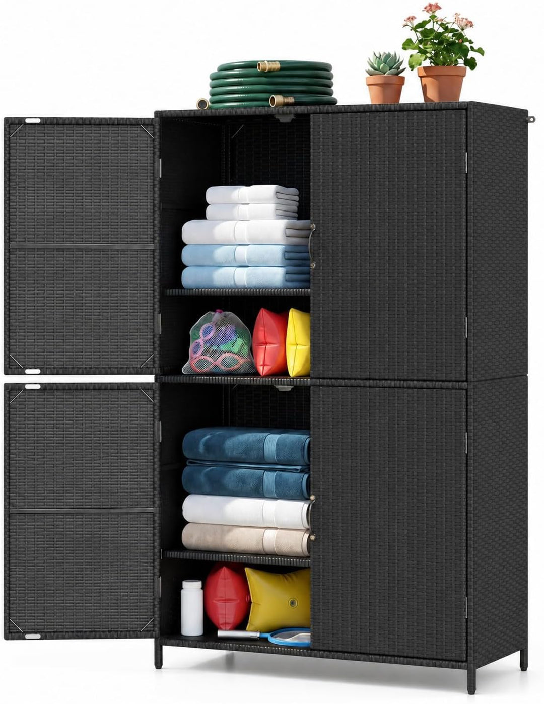 GIANTEX 4-Door Outdoor Storage Cabinet, PE Rattan Storage Shed