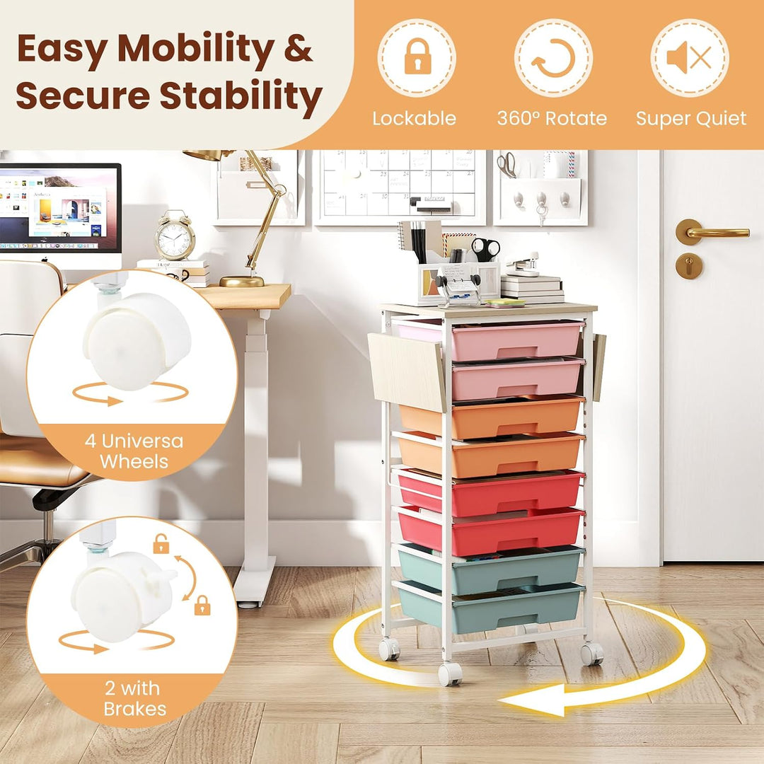 Giantex 8 Drawers Rolling Cart with Wheels, Folding Wood Top