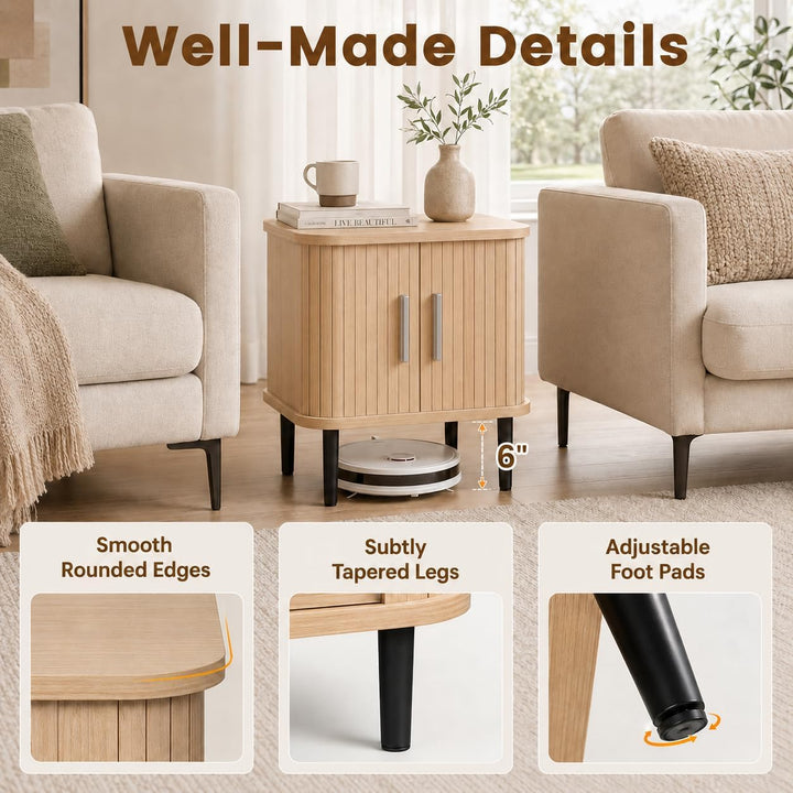 GIANTEX Fluted Nightstand with Sliding Doors &amp; Adjustable Shelf