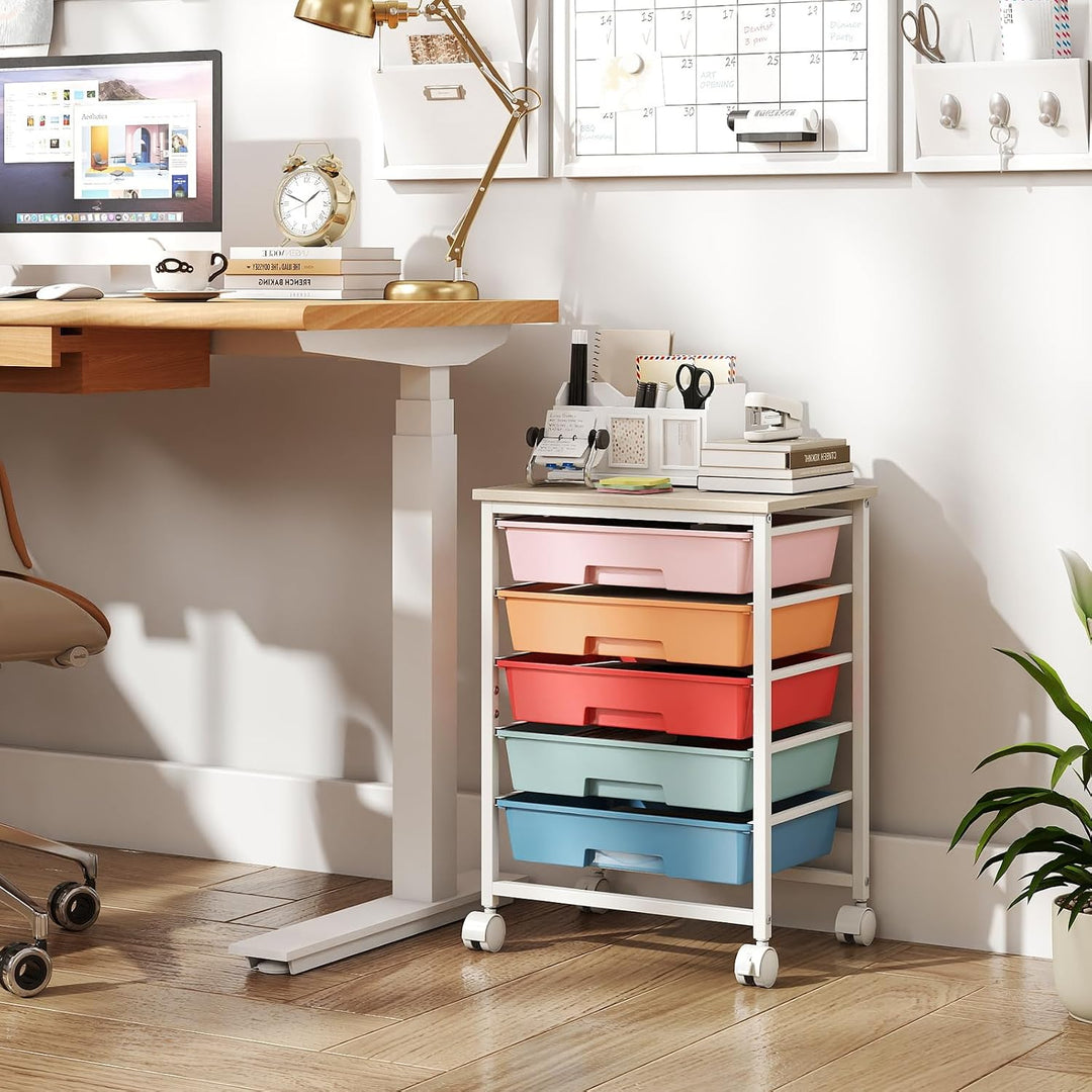 Giantex 5 Drawers Rolling Cart with Wheels, Wood Top, Sturdy Frame