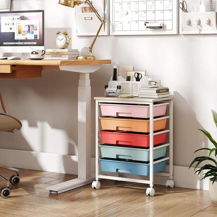 Giantex 5 Drawers Rolling Cart with Wheels, Wood Top, Sturdy Frame