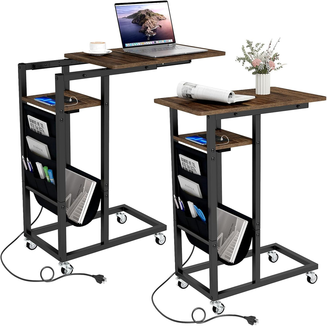 Giantex C Shaped End Table with Charging Station and Wheels