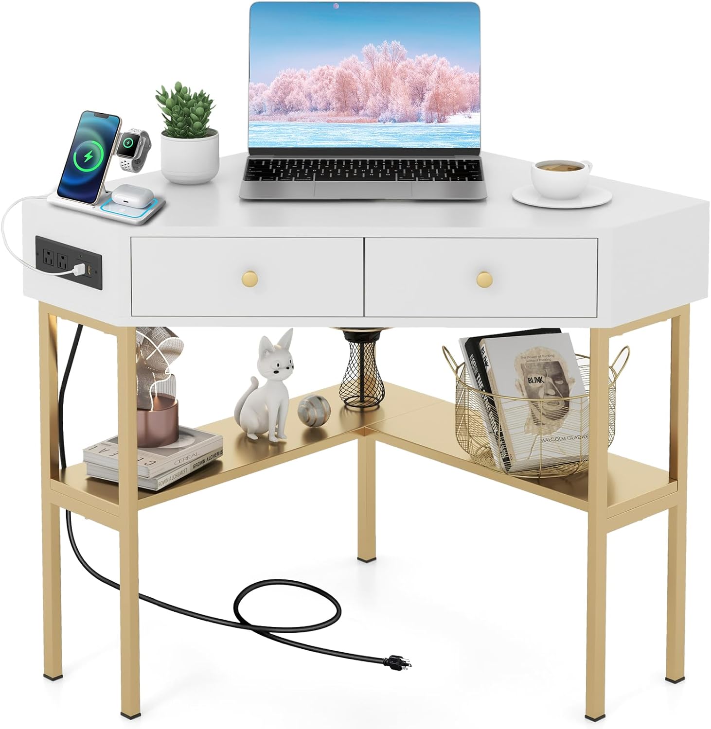 Giantex Corner Desk with Charging Station, 90 Degree Triangle Computer Desk with 2 Drawers & Storage Shelf