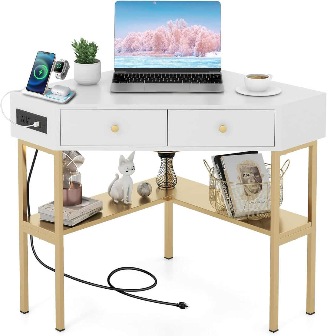 Giantex Corner Desk with Charging Station, 90 Degree Triangle Computer Desk with 2 Drawers & Storage Shelf