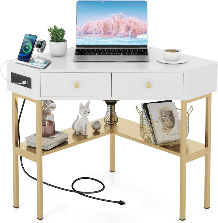 Giantex Corner Desk with Charging Station, 90 Degree Triangle Computer Desk with 2 Drawers & Storage Shelf