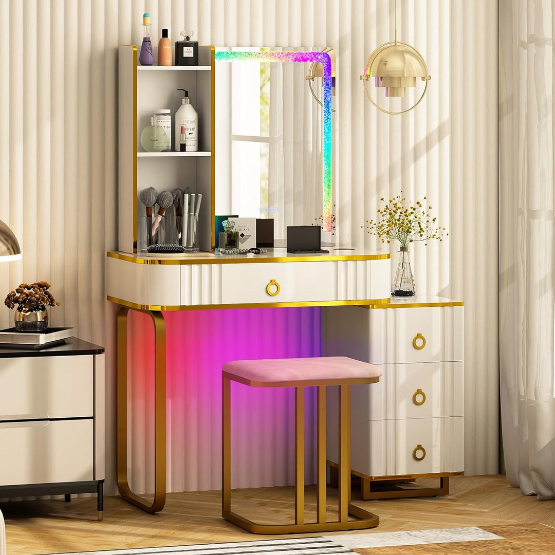 CHARMAID RBG LED Makeup Vanity Table, Colorful Lighted Mirror, 7 Dynamic & 7 Static Modes, 3-Drawer Chest