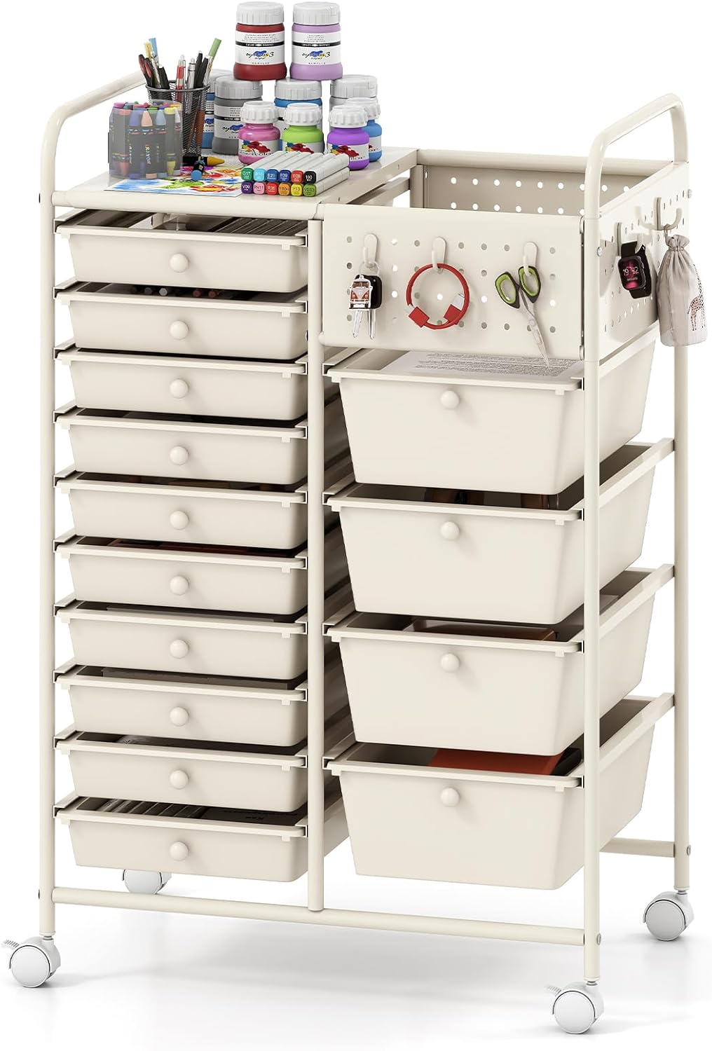 Giantex 14 Drawer Storage Cart | Rolling Craft Cart with Metal Tabletop &amp; Pegboard