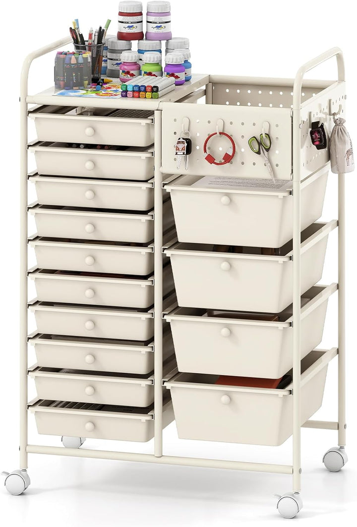 Giantex 14 Drawer Storage Cart | Rolling Craft Cart with Metal Tabletop &amp; Pegboard