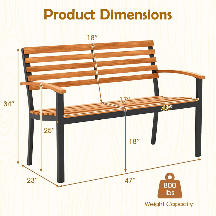 Outdoor Bench, Acacia Wood Patio Loveseat with Slatted Backrest & Seat, Armrests