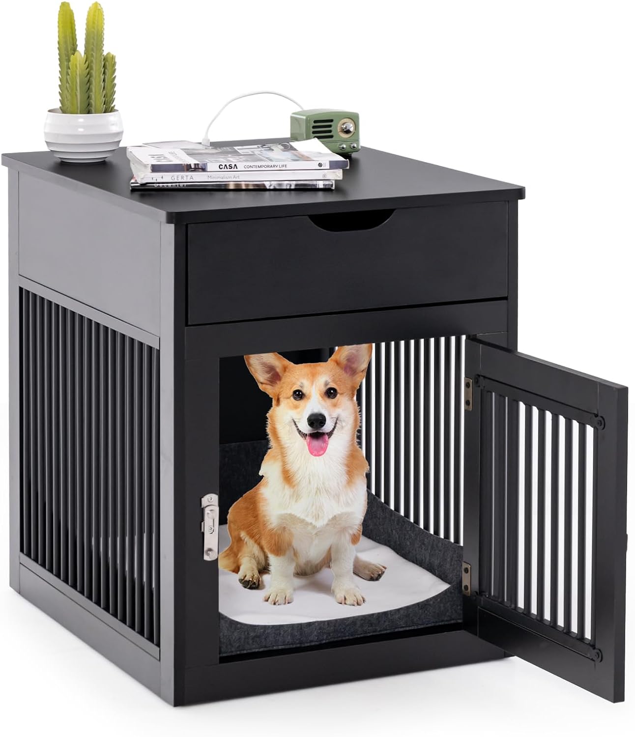 Giantex Dog Crate Furniture, Dog Kennel End Table with Chew-Proof Metal Fence, Lockable Door