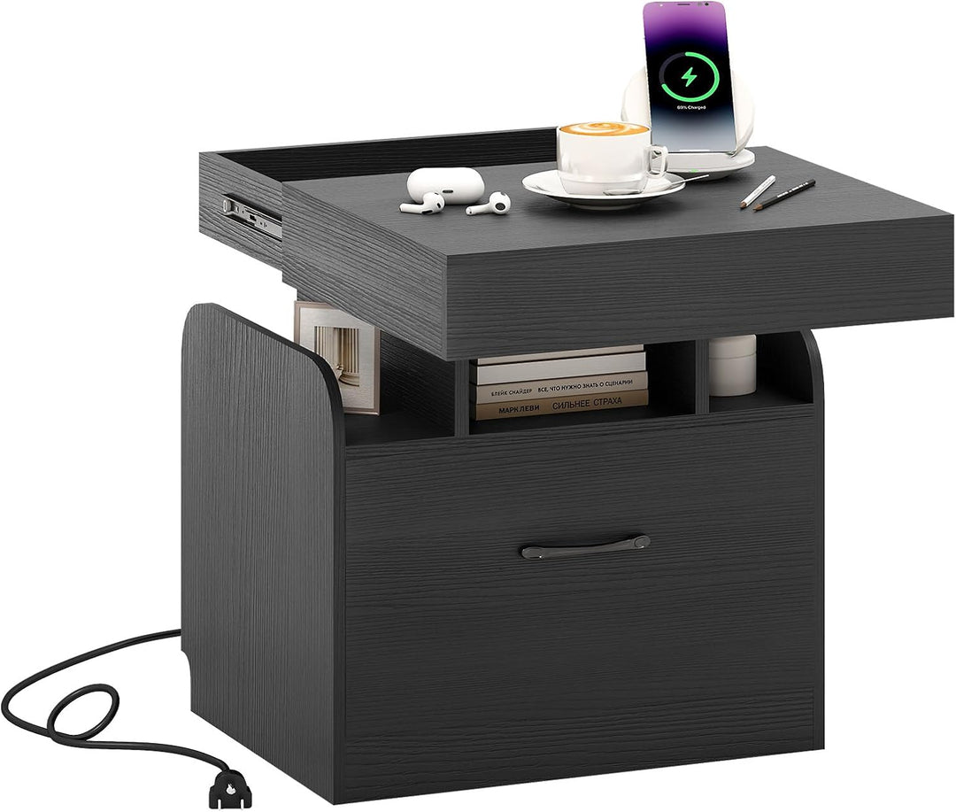 Giantex Nightstand with Charging Station Modern Bedside Table for Living Room Bedroom Office