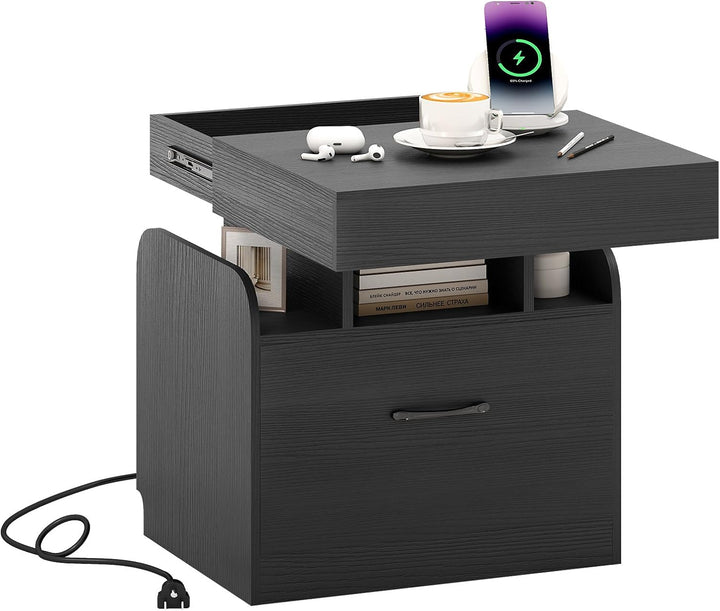 Giantex Nightstand with Charging Station Modern Bedside Table for Living Room Bedroom Office