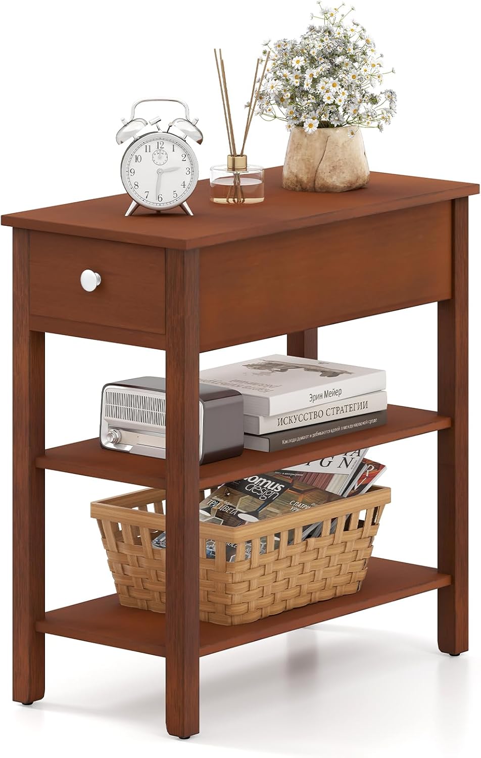 Ginatex Narrow Side Table Small End Tables with Drawer & Open Storage Shelves